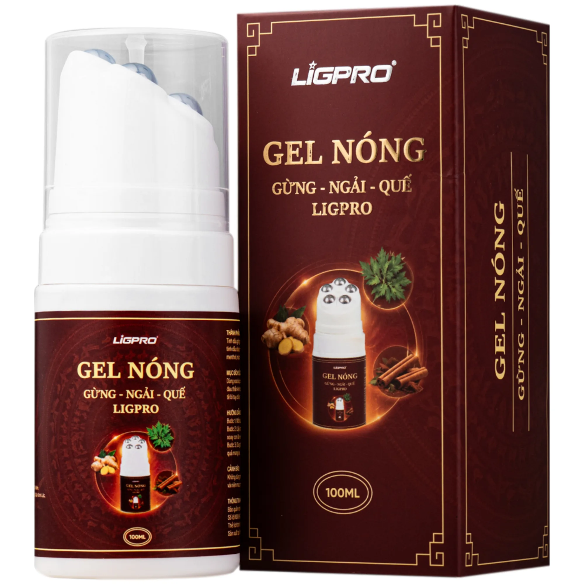 Hình ảnh Gel nóng con lăn massage Gừng - Ngải - Quế Ligpro giúp làm ấm, giảm đau nhức, thư giãn cơ bắp (100ml)