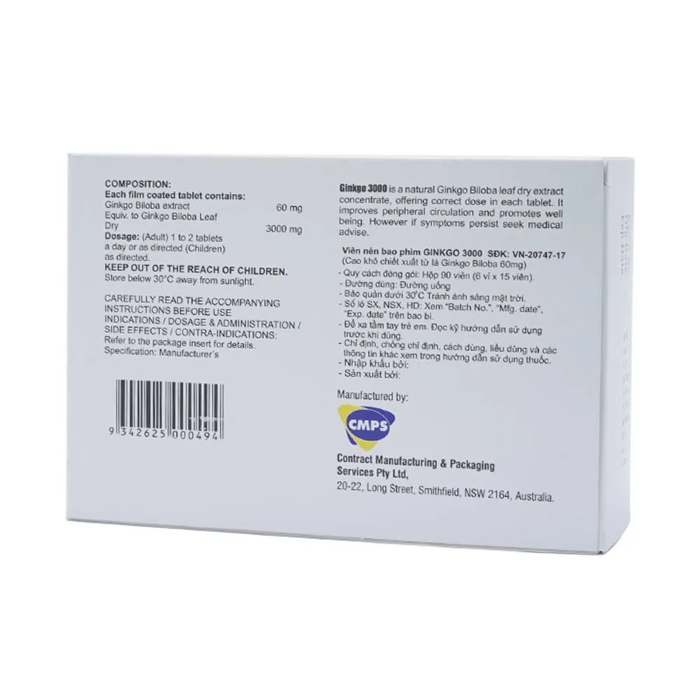 Hình ảnh Thuốc Ginkgo 3000 CMPS điều trị suy giảm tuần hoàn máu (6 vỉ x 15 viên)