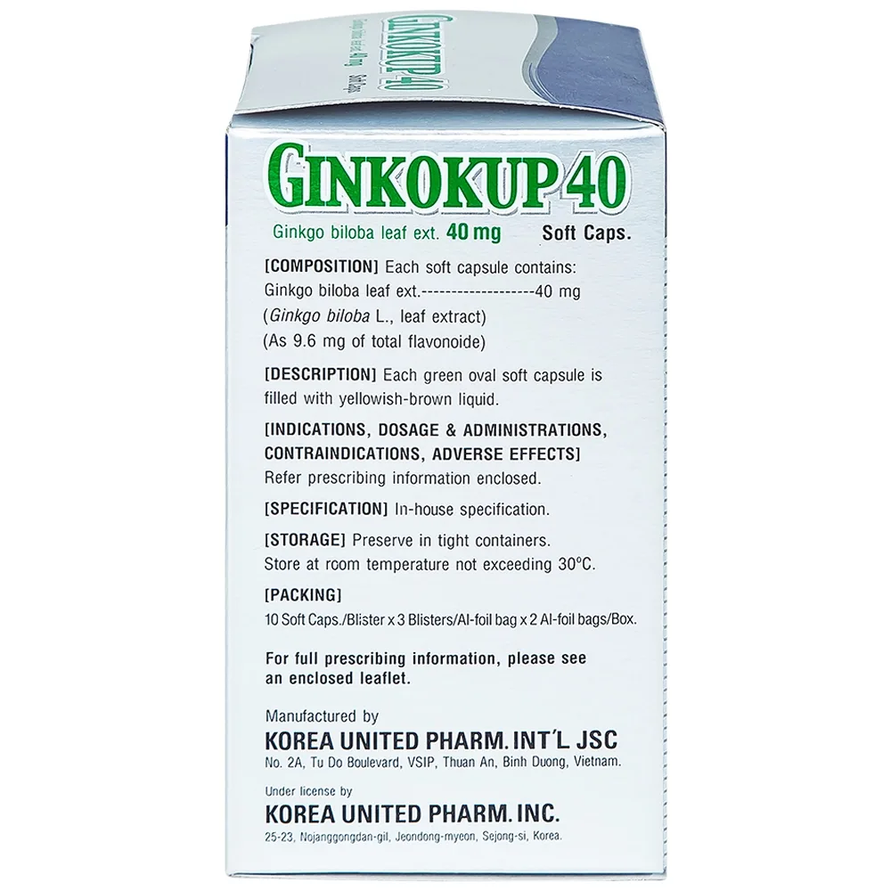 Hình ảnh Thuốc Ginkokup 40 Korea United điều trị bệnh sa sút trí tuệ, bệnh Alzheimer, rối loạn mạch máu não (6 vỉ x 10 viên)