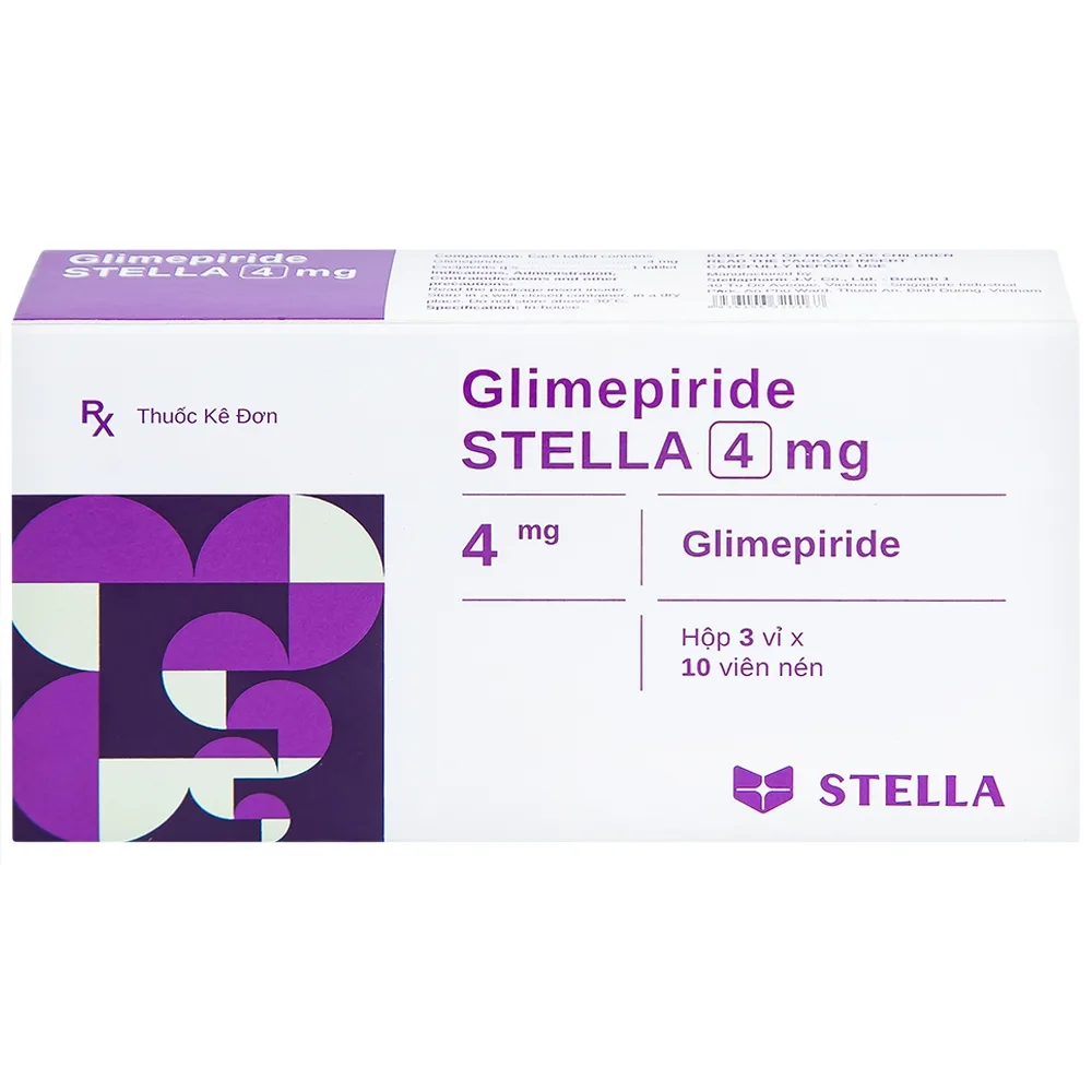 Hình ảnh Thuốc Glimepiride Stella 4mg kiểm soát đường huyết ở bệnh tiểu đường típ 2 (3 vỉ x 10 viên)