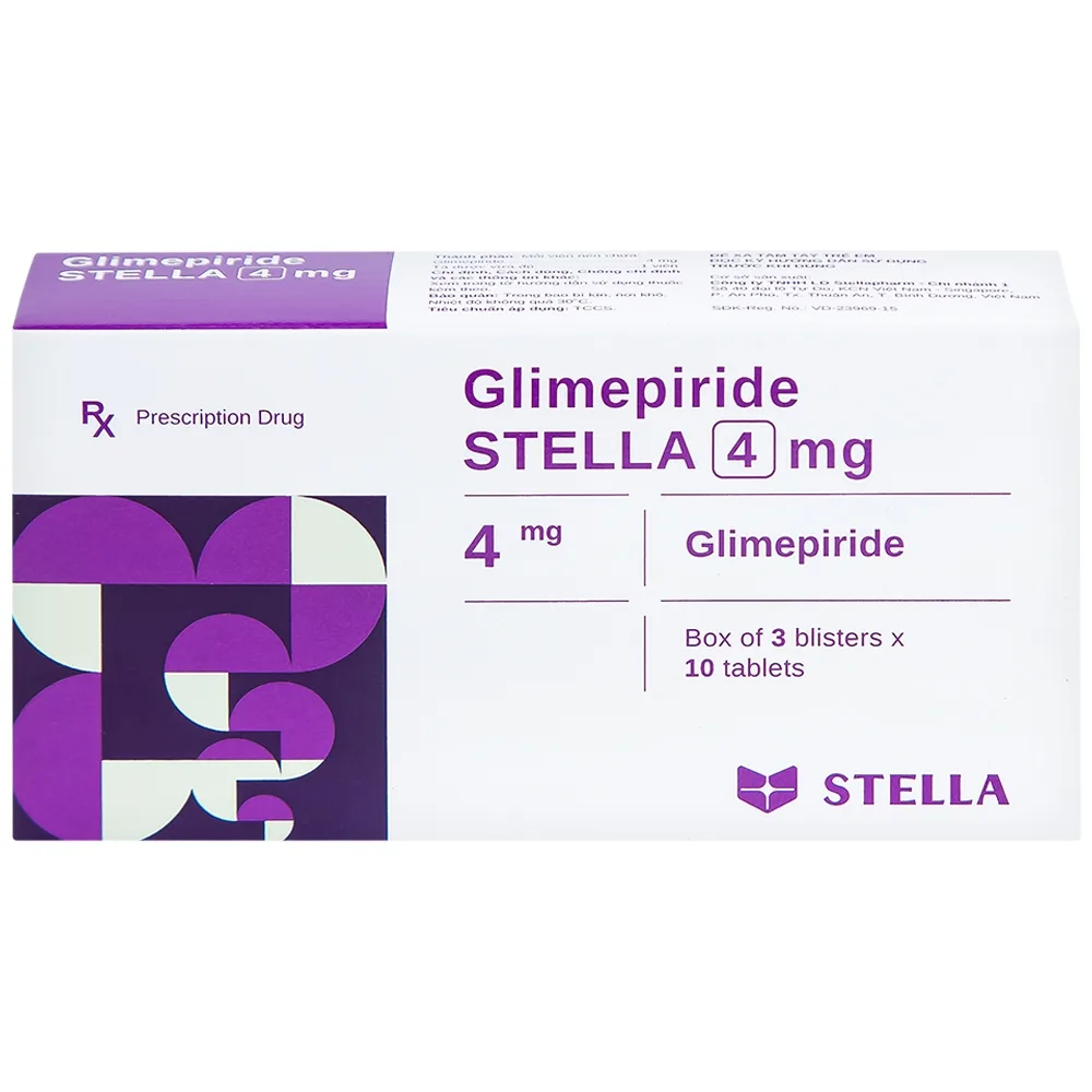 Hình ảnh Thuốc Glimepiride Stella 4mg kiểm soát đường huyết ở bệnh tiểu đường típ 2 (3 vỉ x 10 viên)