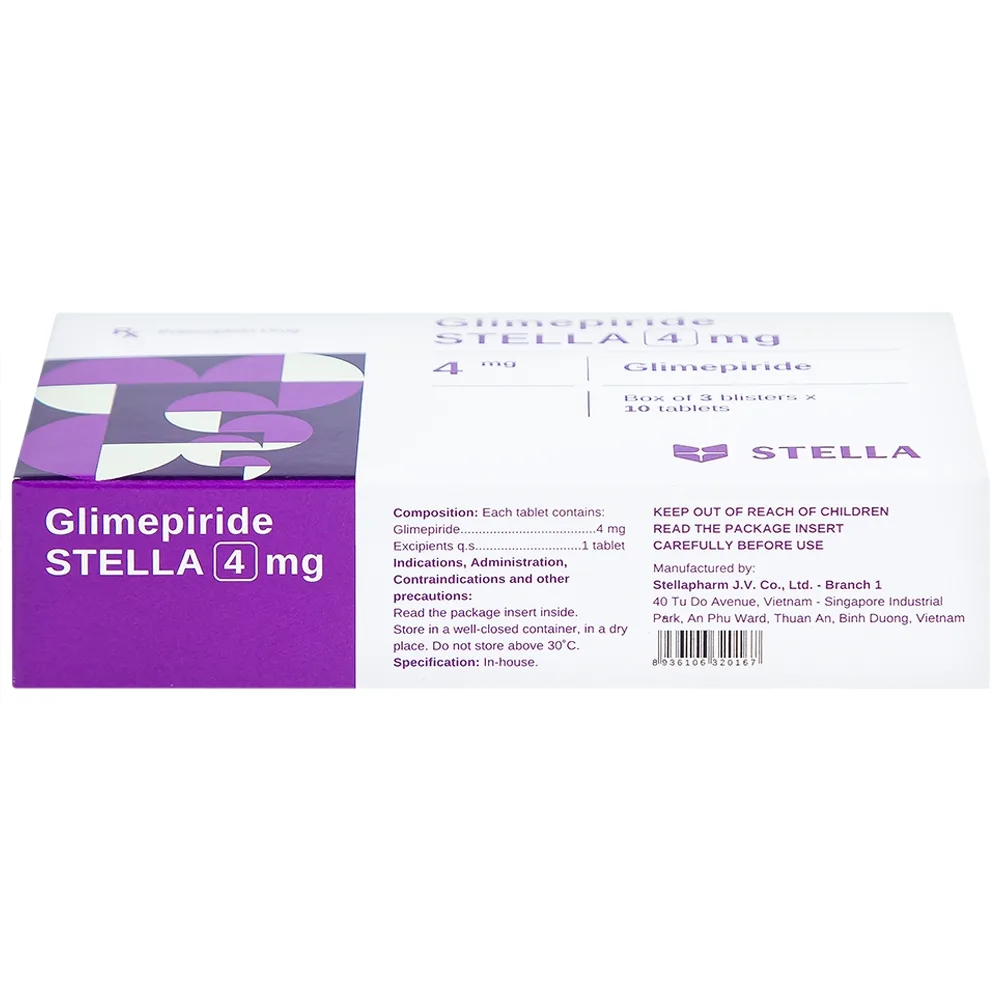 Hình ảnh Thuốc Glimepiride Stella 4mg kiểm soát đường huyết ở bệnh tiểu đường típ 2 (3 vỉ x 10 viên)