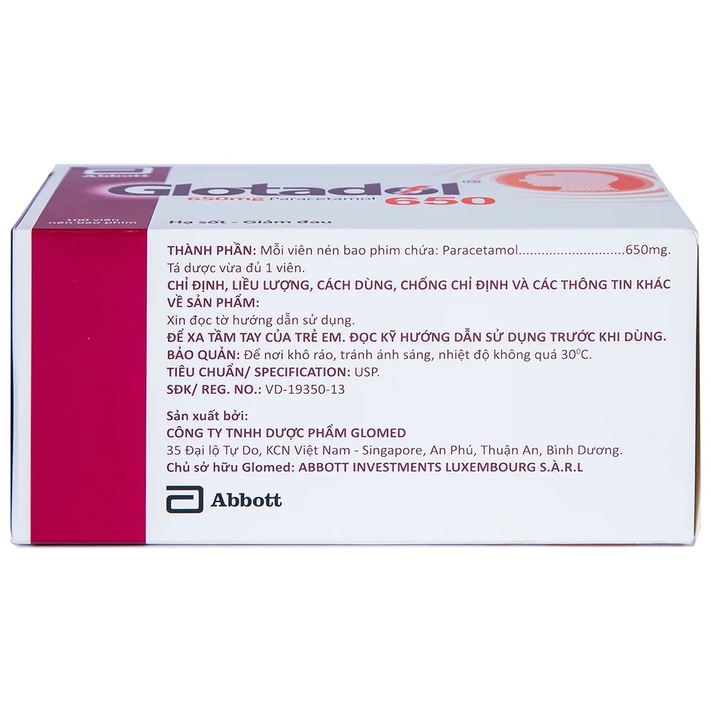 Hình ảnh Thuốc Glotadol 650 Abbott hỗ trợ hạ sốt và giảm đau (10 vỉ x 10 viên)