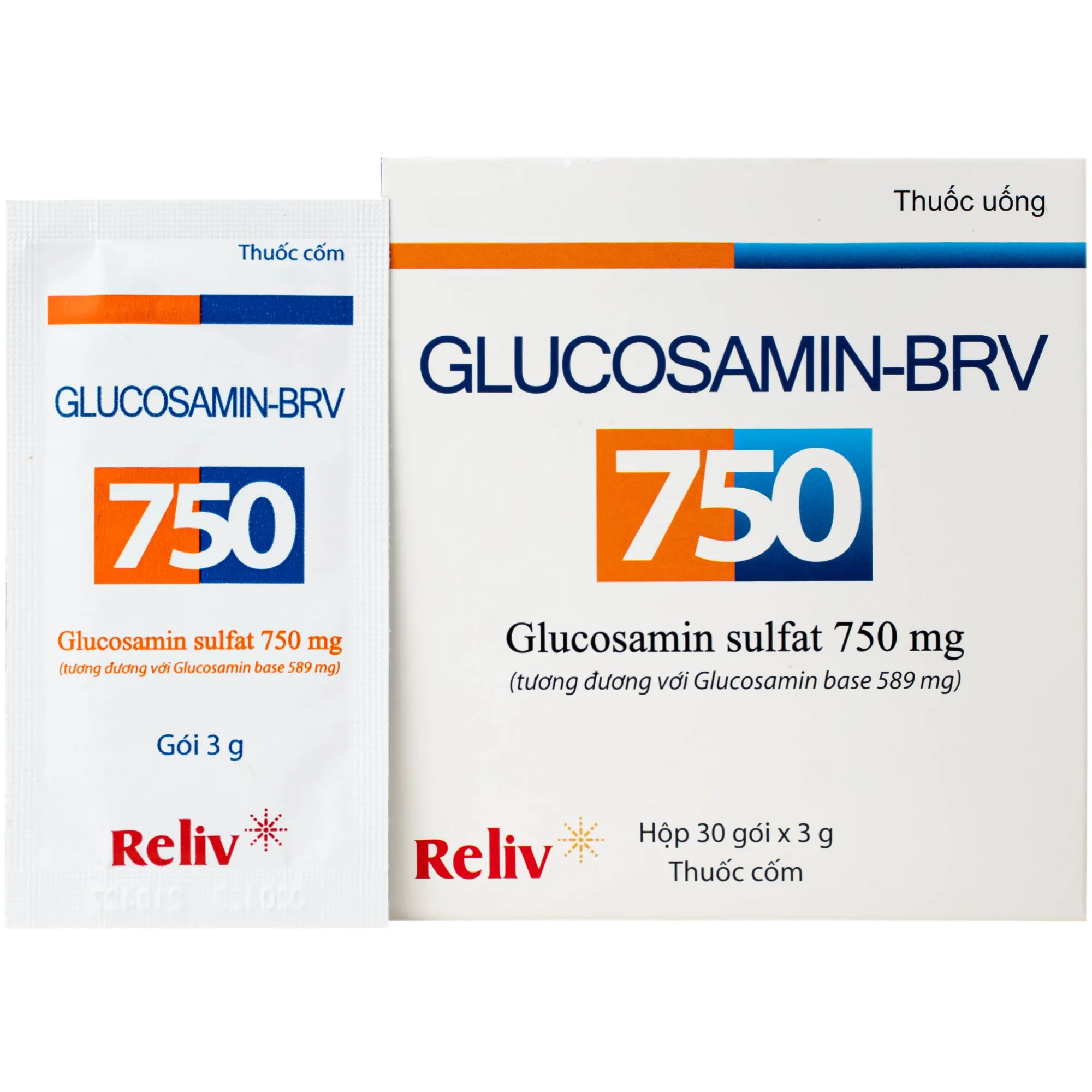 Hình ảnh Thuốc Glucosamin-BRV 750mg Reliv giảm triệu chứng của thoái hóa khớp gối nhẹ và trung bình (30 gói x 3g)