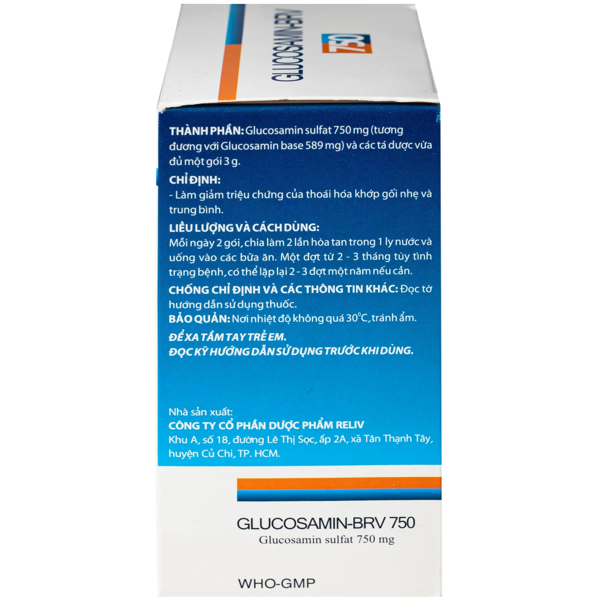 Hình ảnh Thuốc Glucosamin-BRV 750mg Reliv giảm triệu chứng của thoái hóa khớp gối nhẹ và trung bình (30 gói x 3g)