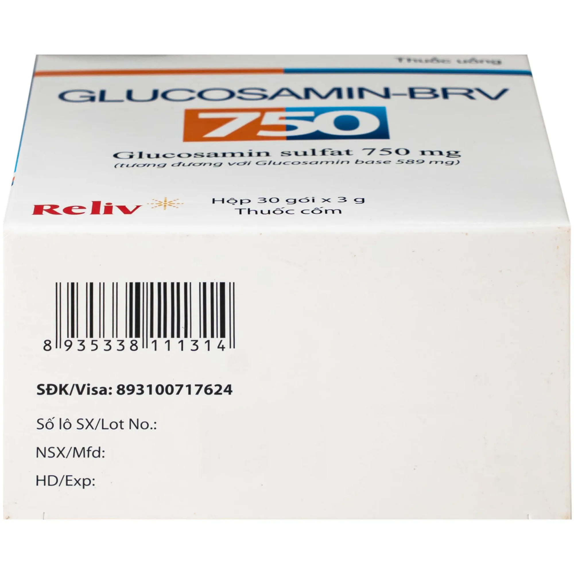 Hình ảnh Thuốc Glucosamin-BRV 750mg Reliv giảm triệu chứng của thoái hóa khớp gối nhẹ và trung bình (30 gói x 3g)