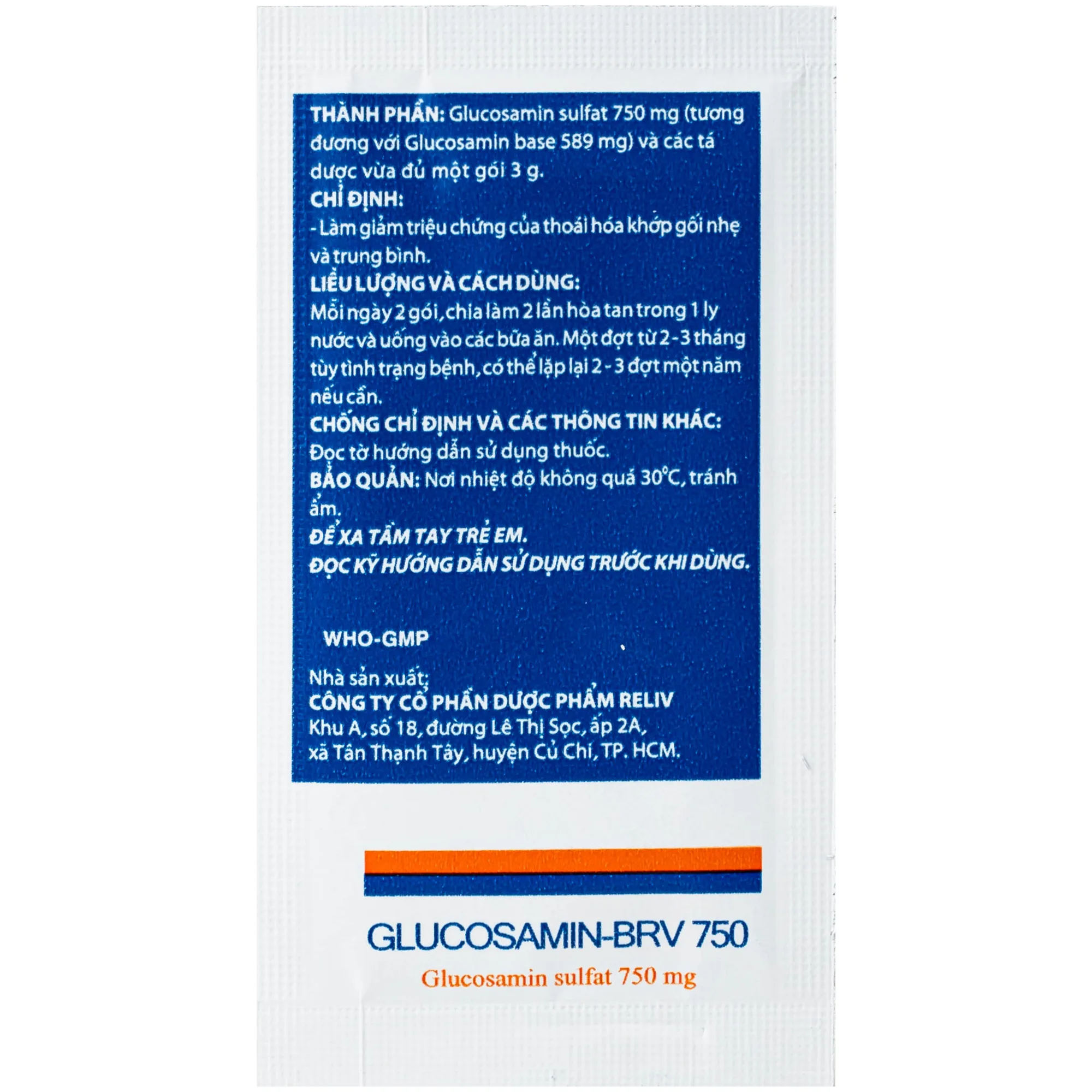 Hình ảnh Thuốc Glucosamin-BRV 750mg Reliv giảm triệu chứng của thoái hóa khớp gối nhẹ và trung bình (30 gói x 3g)