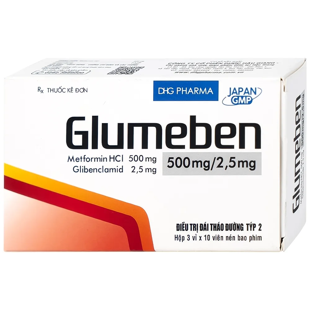 Hình ảnh Thuốc Glumeben 500mg/2,5mg DHG điều trị đái tháo đường típ 2 (3 vỉ x 10 viên)