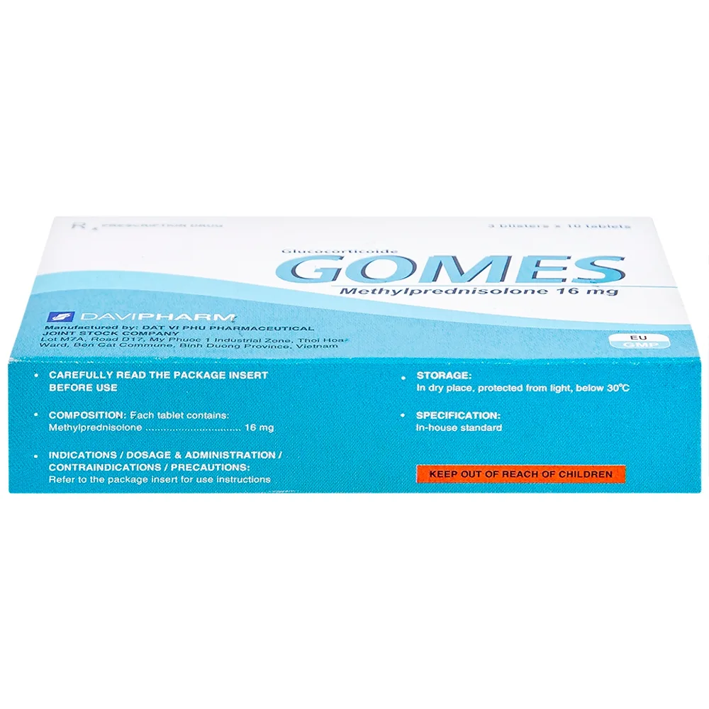 Hình ảnh Thuốc Gomes 16mg Davipharm kháng viêm, điều trị viêm khớp dạng thấp, lupus ban đỏ hệ thống (3 vỉ x 10 viên)