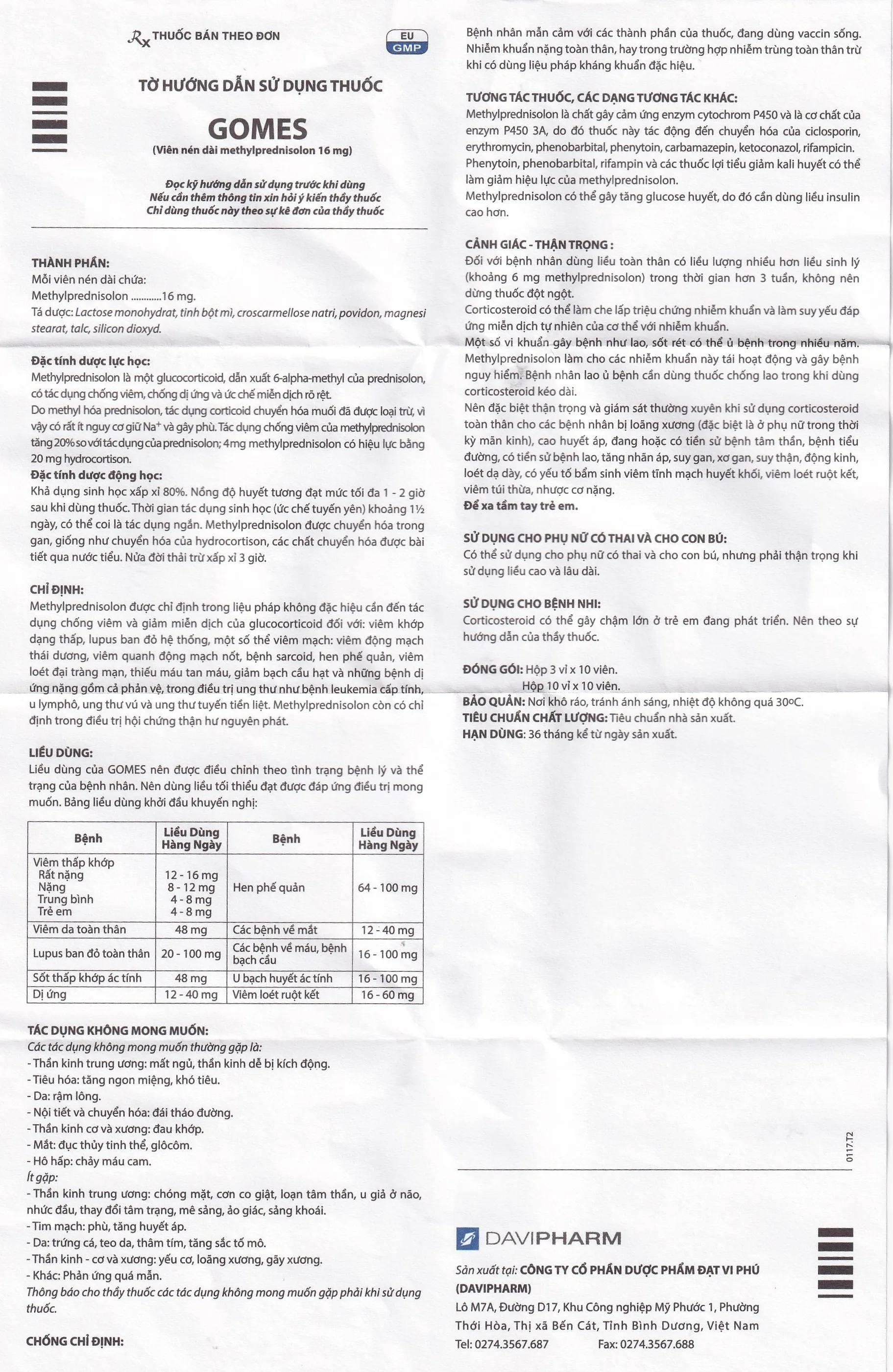 Hình ảnh Thuốc Gomes 16mg Davipharm kháng viêm, điều trị viêm khớp dạng thấp, lupus ban đỏ hệ thống (3 vỉ x 10 viên)