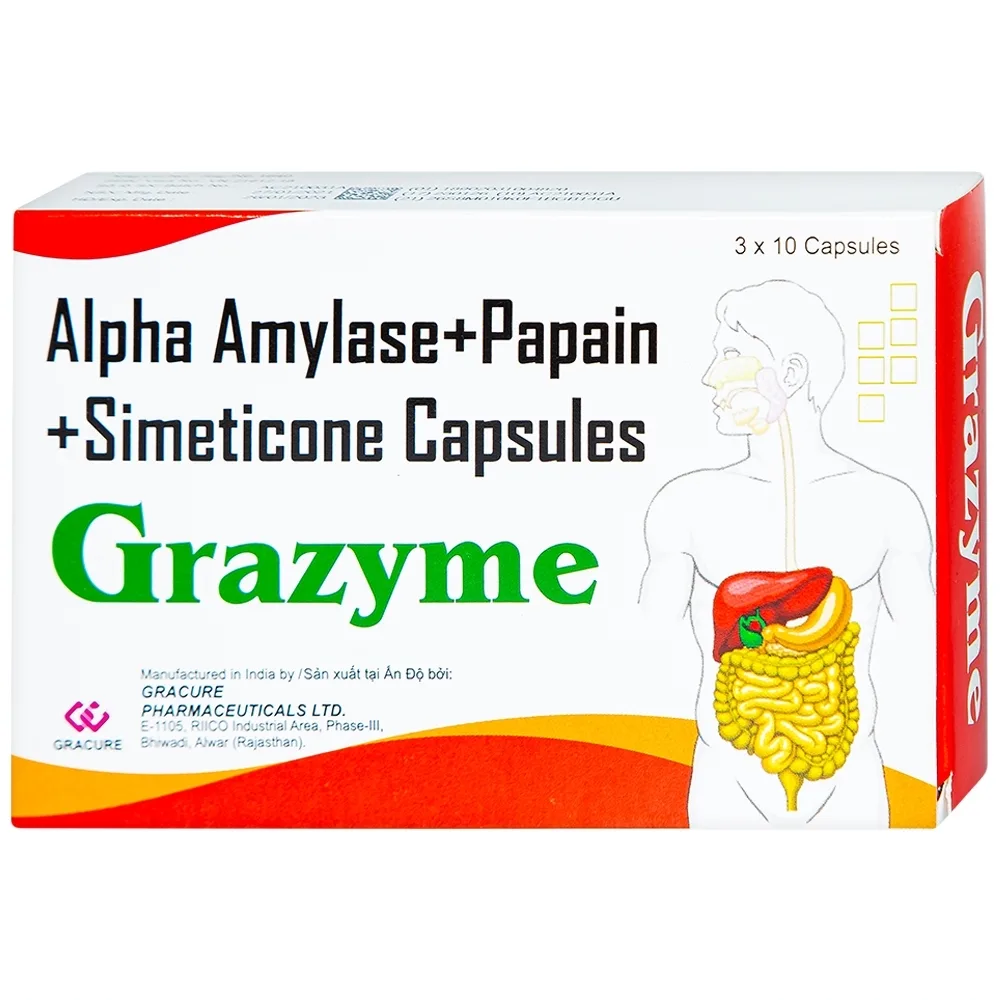 Hình ảnh Thuốc Grazyme Gracure điều trị khó tiêu, tức bụng, đầy hơi (3 vỉ x 10 viên)