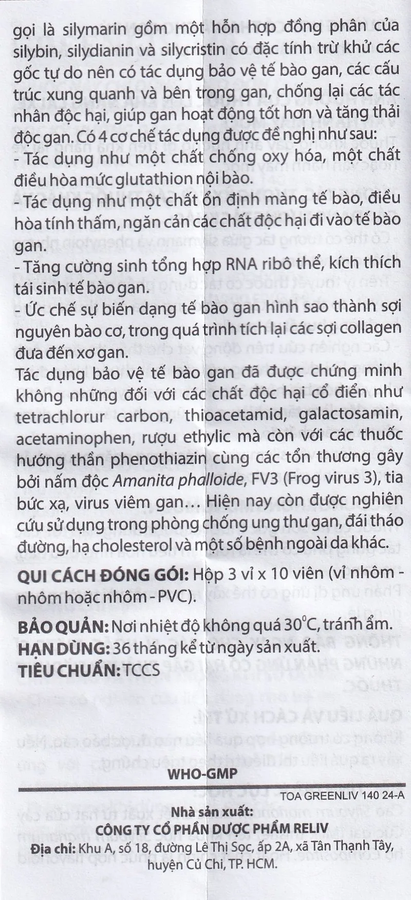 Hình ảnh Thuốc Greenliv 140mg Reliv điều trị rối loạn tiêu hóa trong các bệnh về gan, viêm gan cấp và mãn tính (3 vỉ x 10 viên)