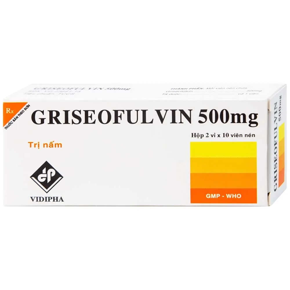Hình ảnh Thuốc Griseofulvin 500mg Vidipha điều trị các bệnh nấm da, tóc, lông, móng tay, móng chân (2 vỉ x 10 viên)