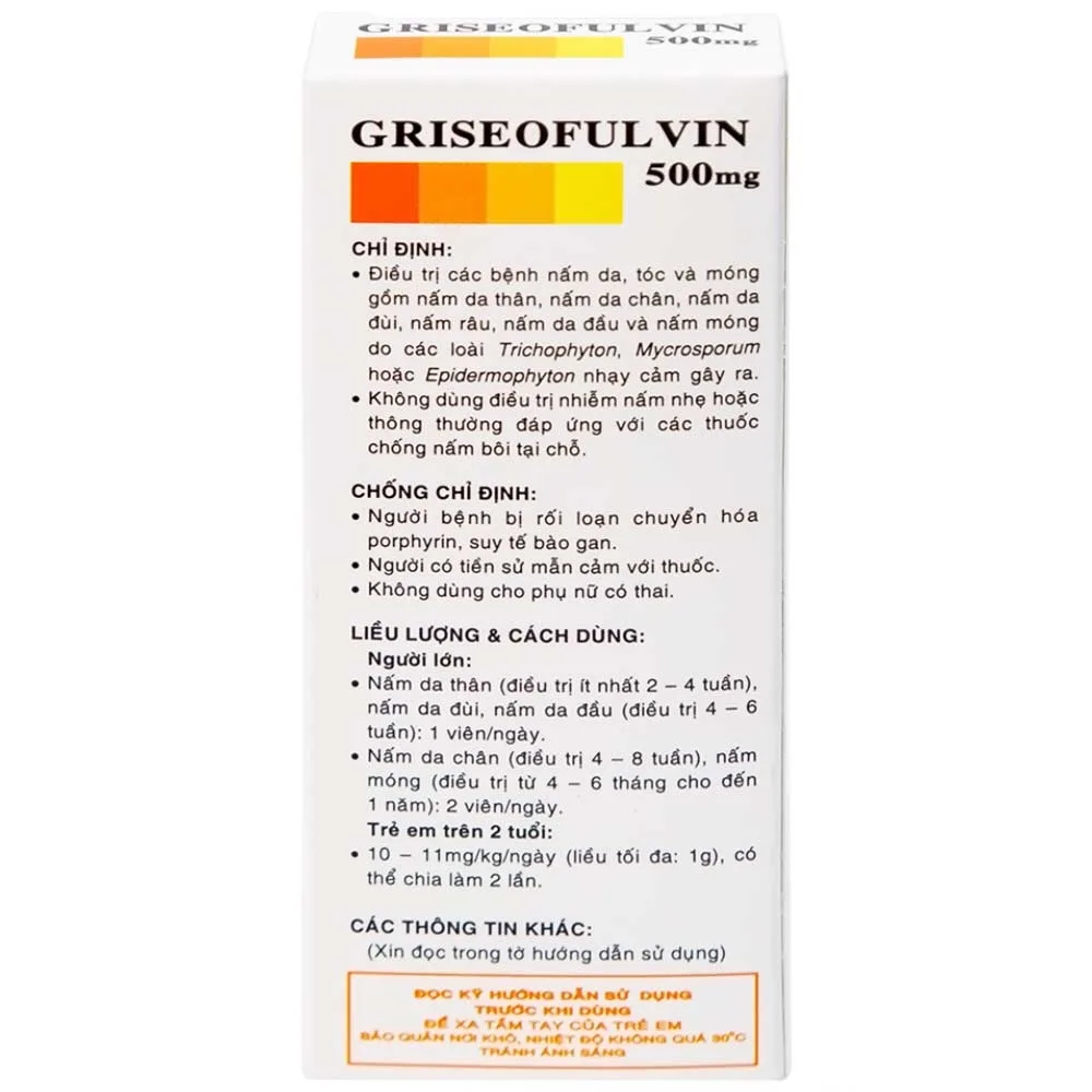 Hình ảnh Thuốc Griseofulvin 500mg Vidipha điều trị các bệnh nấm da, tóc, lông, móng tay, móng chân (2 vỉ x 10 viên)