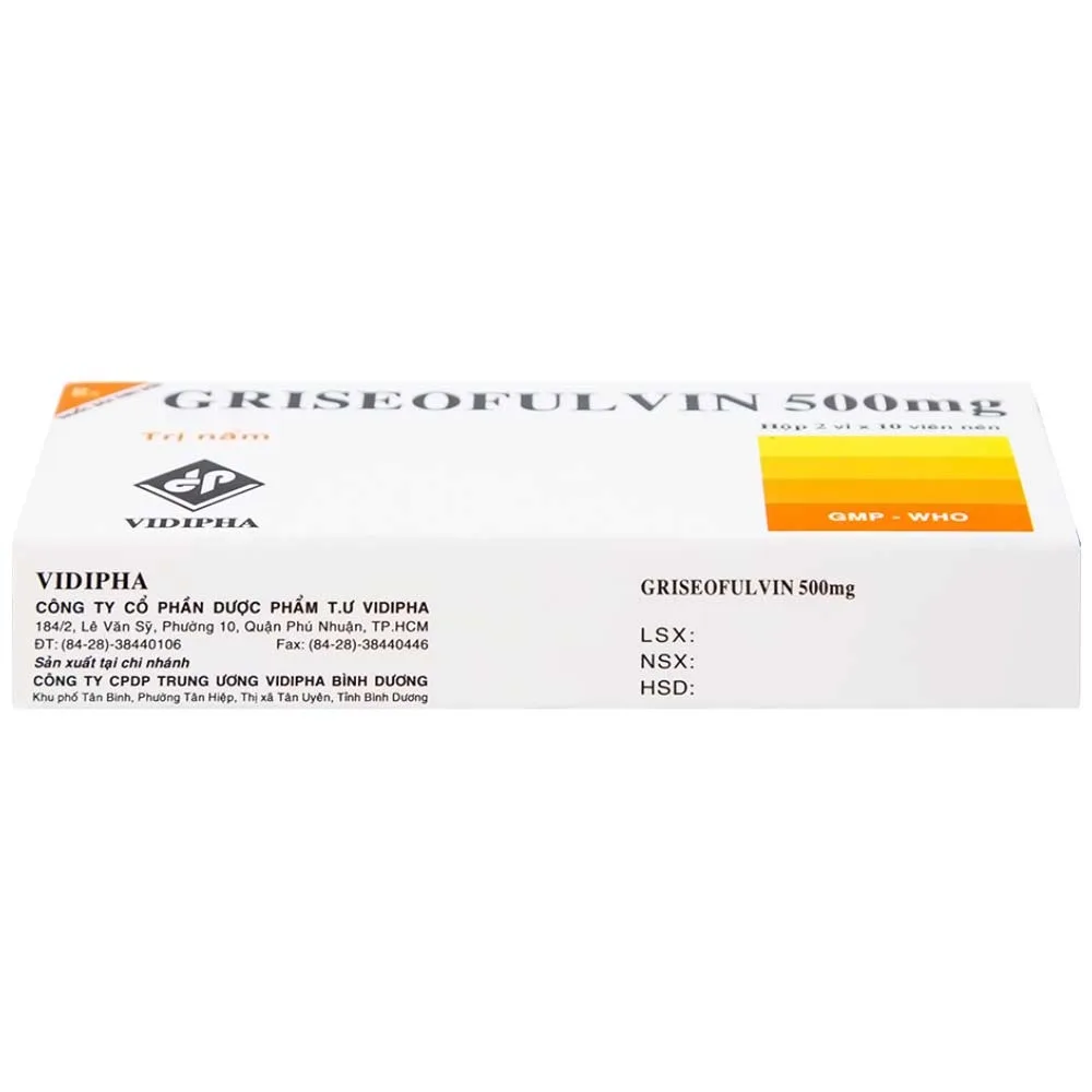 Hình ảnh Thuốc Griseofulvin 500mg Vidipha điều trị các bệnh nấm da, tóc, lông, móng tay, móng chân (2 vỉ x 10 viên)