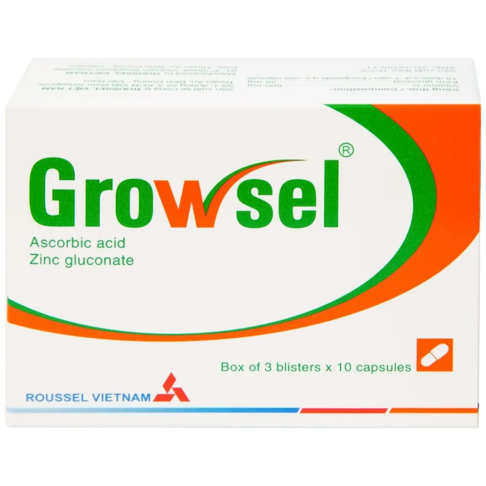 Hình ảnh Thuốc Growsel Roussel điều trị bệnh do thiếu vitamin C và kẽm (3 vỉ x 10 viên)