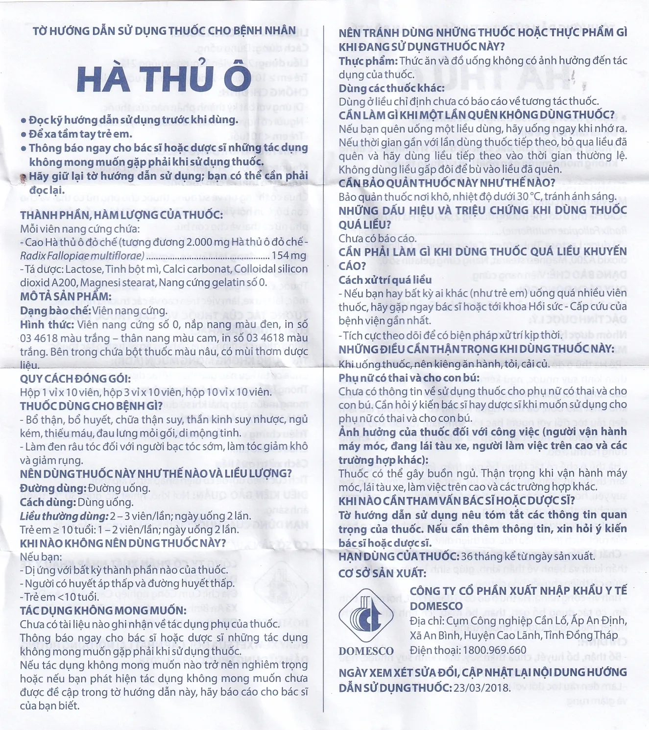 Hình ảnh Thuốc Hà Thủ Ô Domesco bổ thận, bổ huyết, chữa thận suy (3 vỉ x 10 viên)