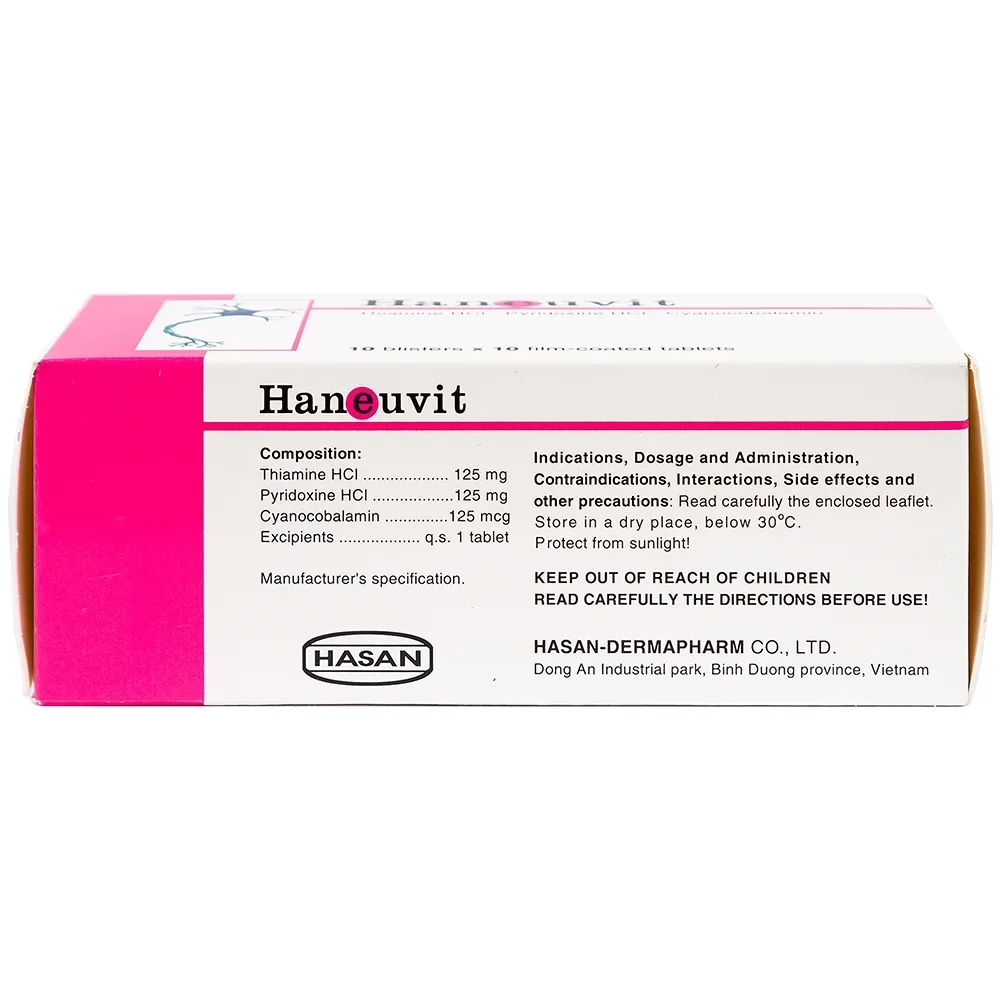 Hình ảnh Thuốc Haneuvit Hasan điều trị rối loạn do thiếu vitamin B1, B6, B12 (10 vỉ x 10 viên)