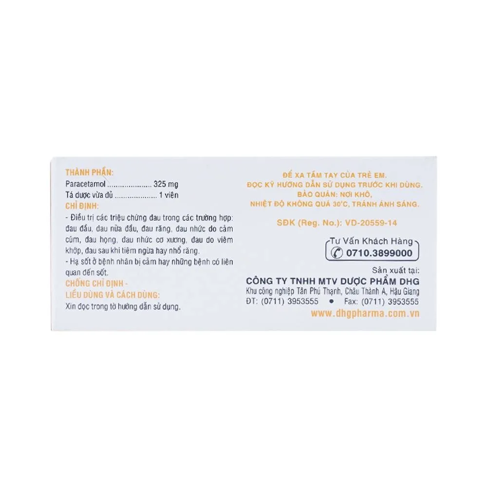 Hình ảnh Thuốc Hapacol 325 DHG điều trị đau đầu, đau nửa đầu, đau răng (10 vỉ x 10 viên)