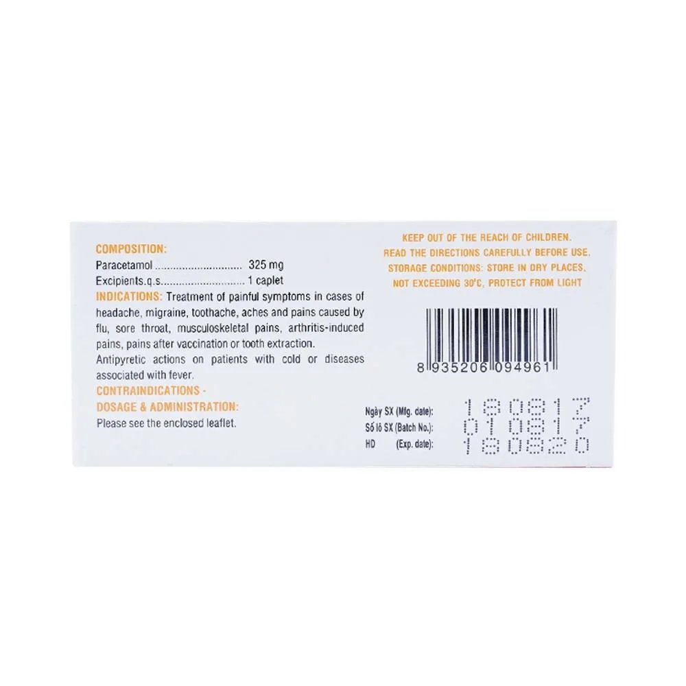 Hình ảnh Thuốc Hapacol 325 DHG điều trị đau đầu, đau nửa đầu, đau răng (10 vỉ x 10 viên)