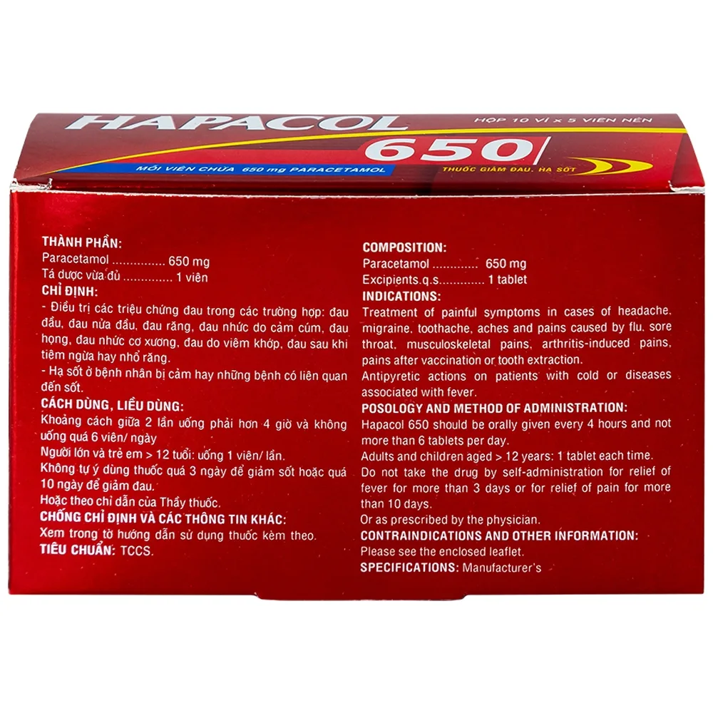 Hình ảnh Thuốc Hapacol 650 DHG giảm đau, hạ sốt (10 vỉ x 5 viên)