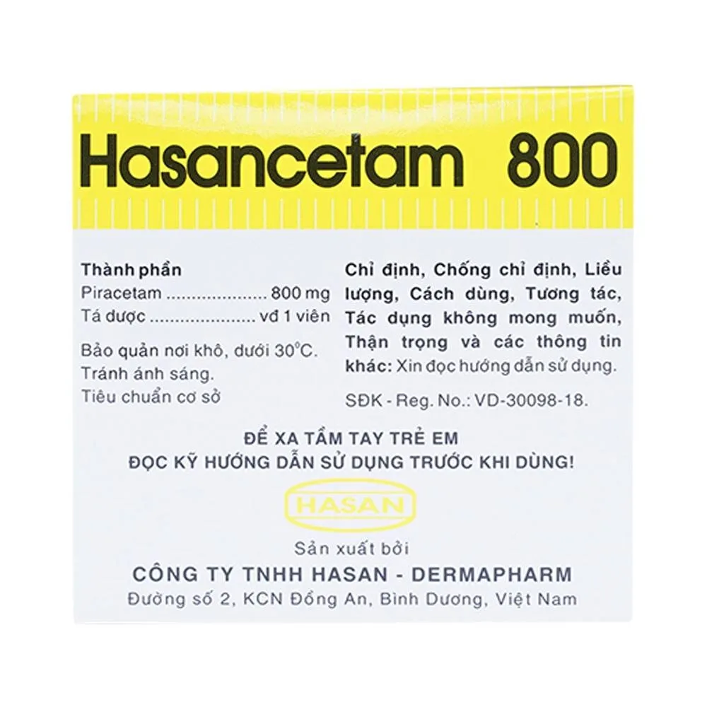 Hình ảnh Thuốc Hasancetam 800 Hasan điều trị rối loạn chức năng não, suy giảm trí nhớ (10 vỉ x 10 viên)