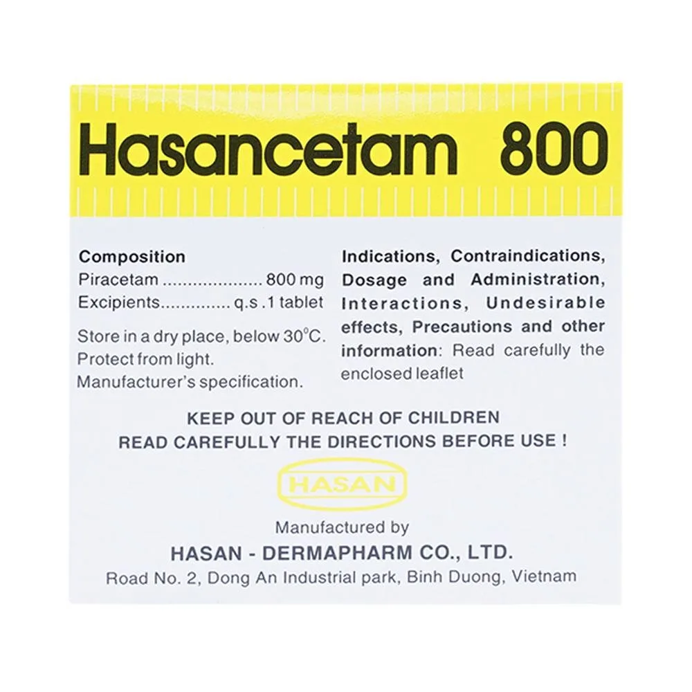 Hình ảnh Thuốc Hasancetam 800 Hasan điều trị rối loạn chức năng não, suy giảm trí nhớ (10 vỉ x 10 viên)