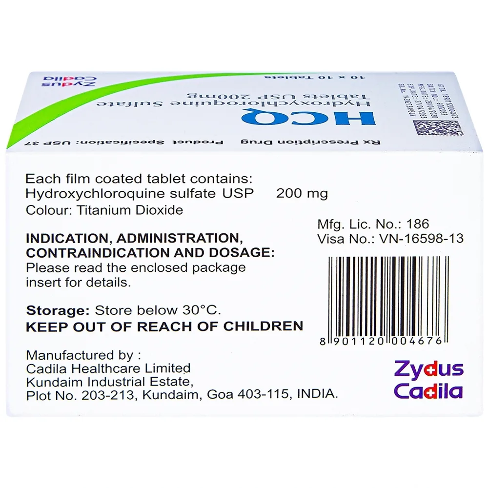 Hình ảnh Thuốc HCQ 200mg Zydus Cadila điều trị sốt rét cấp tính, lupus ban đỏ (10 vỉ x 10 viên)