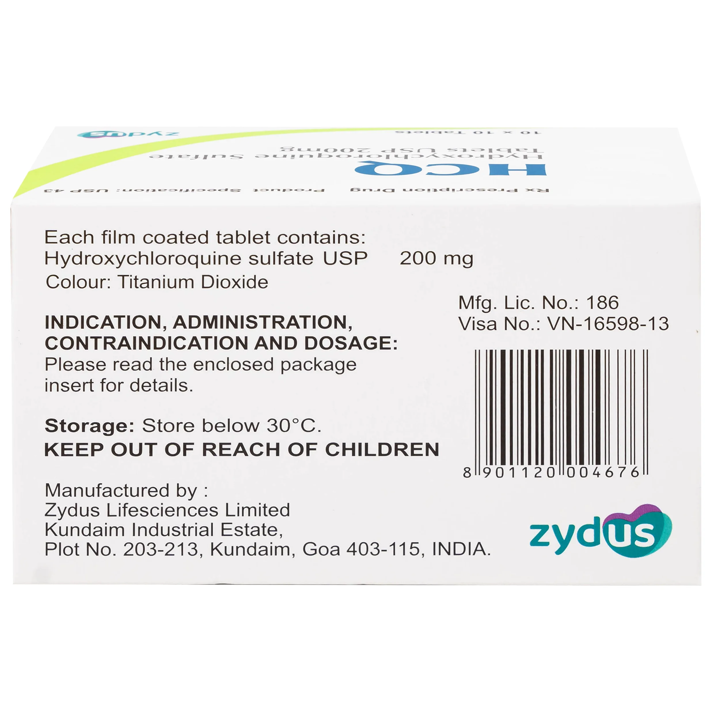 Hình ảnh Thuốc HCQ 200mg Zydus phòng ngừa hoặc điều trị sốt rét cấp tính (10 vỉ x 10 viên)