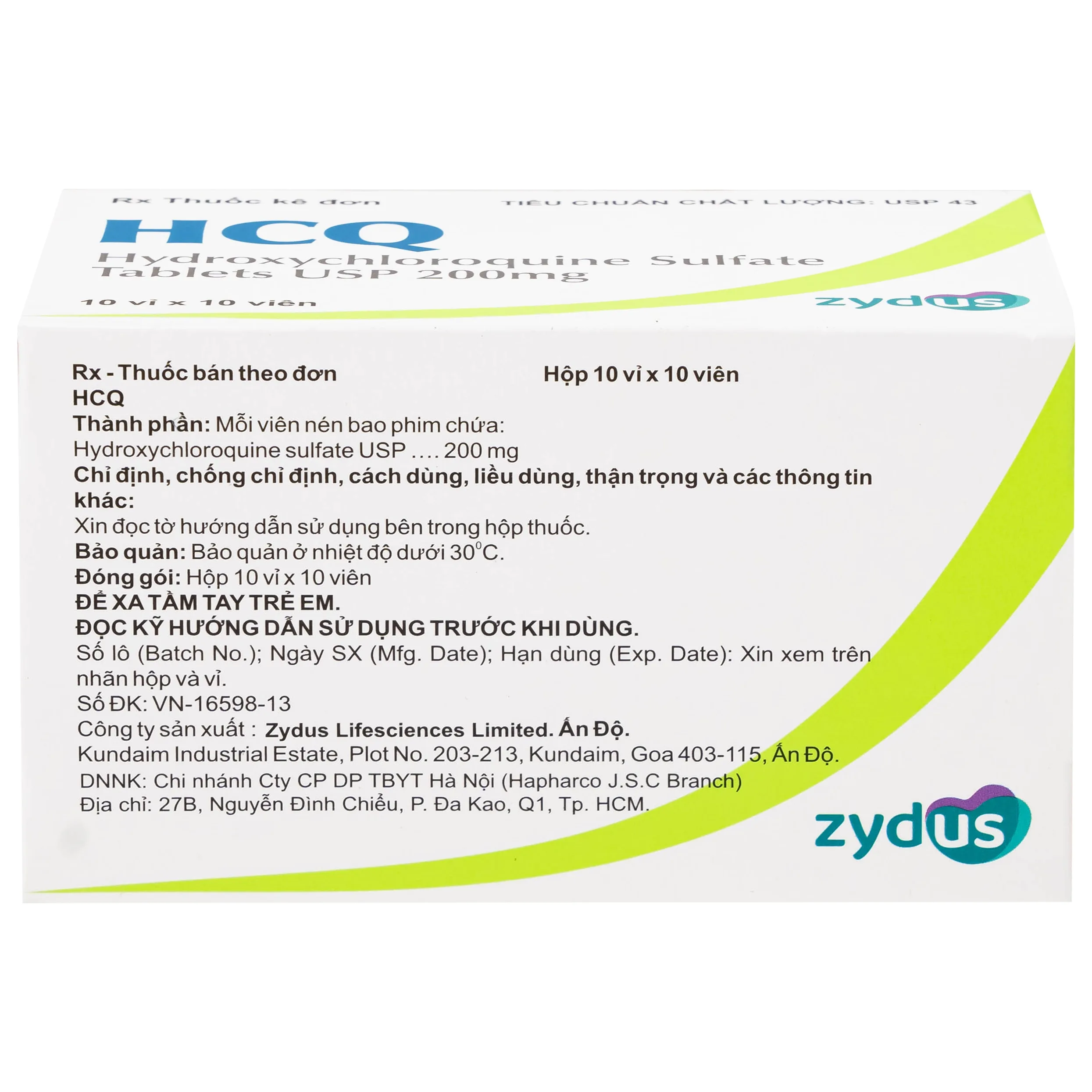 Hình ảnh Thuốc HCQ 200mg Zydus phòng ngừa hoặc điều trị sốt rét cấp tính (10 vỉ x 10 viên)