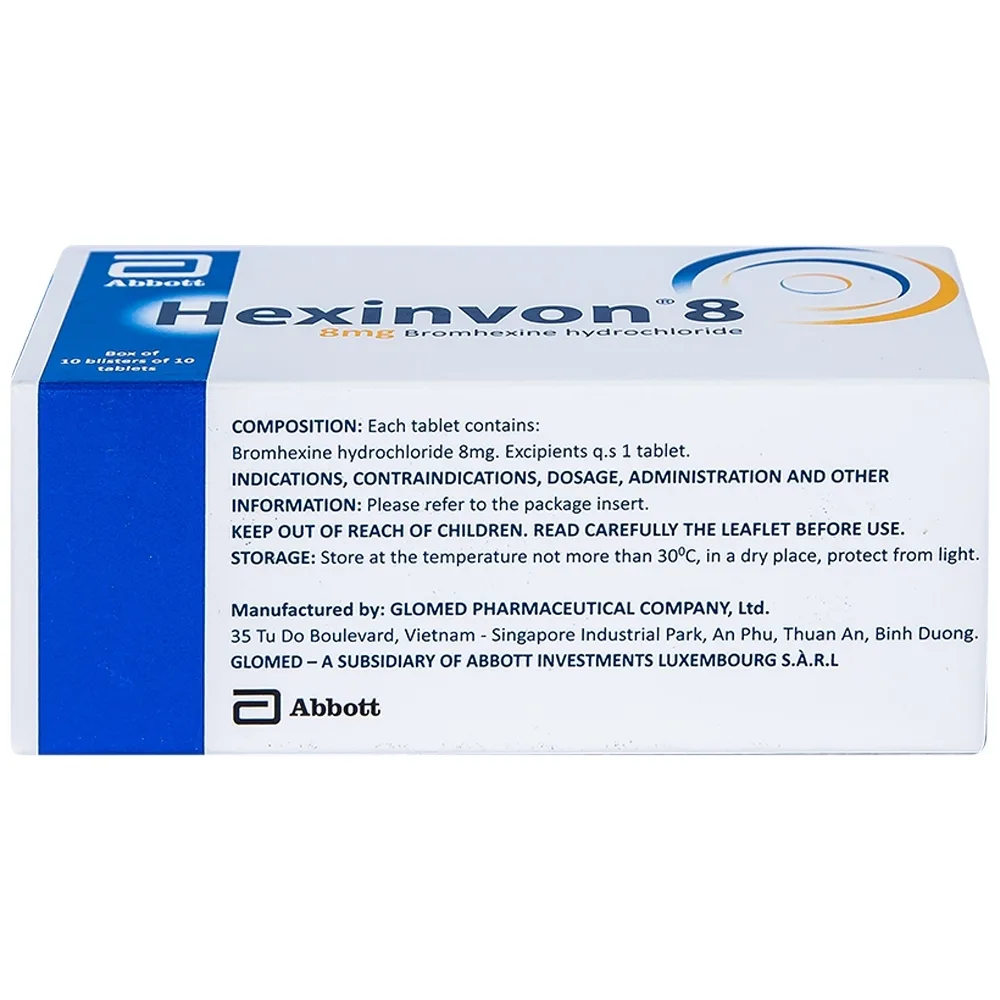 Hình ảnh Thuốc Hexinvon 8 Glomed điều trị tiết chất nhầy bất thường trong viêm phế quản cấp tính và mạn tính (10 vỉ x 10 viên)