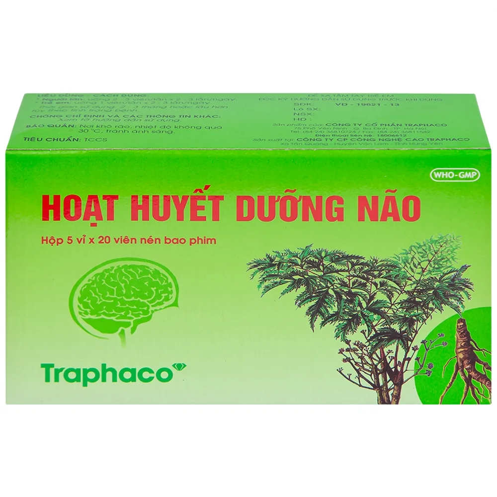 Hình ảnh Thuốc Hoạt Huyết Dưỡng Não bao phim Traphaco điều trị suy giảm trí nhớ, căng thẳng thần kinh (5 vỉ x 20 viên)