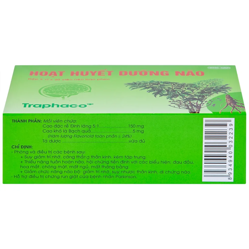 Hình ảnh Thuốc Hoạt Huyết Dưỡng Não bao phim Traphaco điều trị suy giảm trí nhớ, căng thẳng thần kinh (5 vỉ x 20 viên)