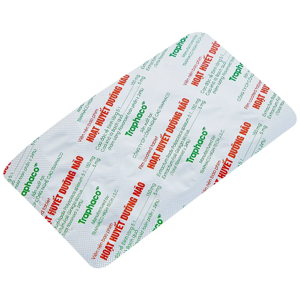 Hình ảnh Thuốc Hoạt Huyết Dưỡng Não bao phim Traphaco điều trị suy giảm trí nhớ, căng thẳng thần kinh (5 vỉ x 20 viên)