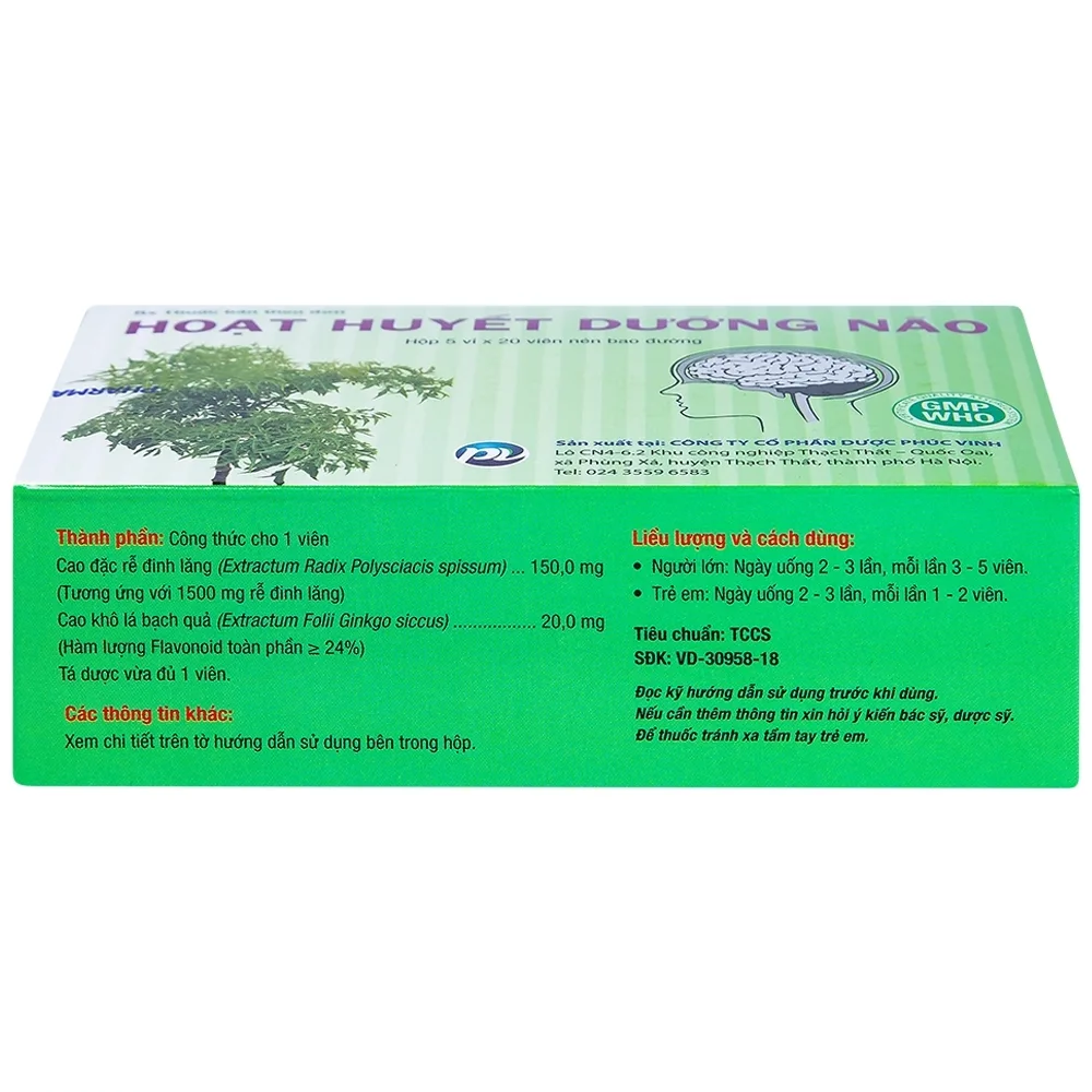 Hình ảnh Thuốc Hoạt Huyết Dưỡng Não Phúc Vinh điều trị suy giảm trí nhớ, thiểu năng tuần hoàn não (5 vỉ x 20 viên)
