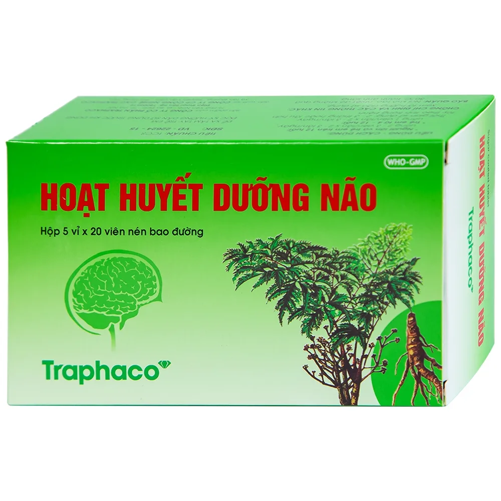 Hình ảnh Thuốc Hoạt Huyết Dưỡng Não bao đường Traphaco điều trị suy giảm trí nhớ, căng thẳng thần kinh (5 vỉ x 20 viên)