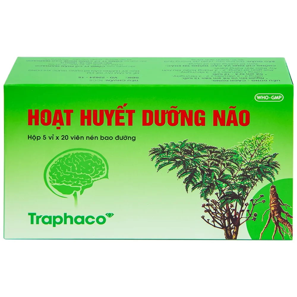 Hình ảnh Thuốc Hoạt Huyết Dưỡng Não bao đường Traphaco điều trị suy giảm trí nhớ, căng thẳng thần kinh (5 vỉ x 20 viên)
