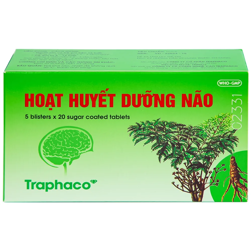 Hình ảnh Thuốc Hoạt Huyết Dưỡng Não bao đường Traphaco điều trị suy giảm trí nhớ, căng thẳng thần kinh (5 vỉ x 20 viên)