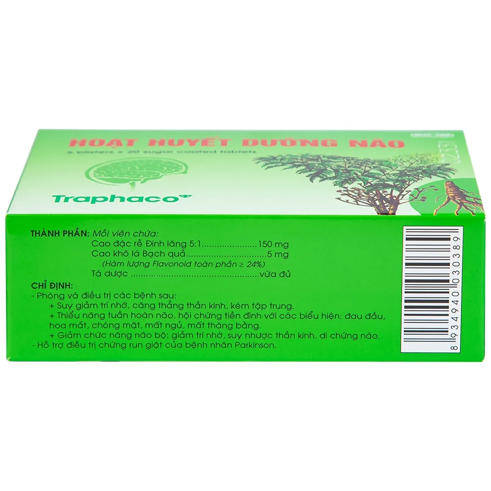 Hình ảnh Thuốc Hoạt Huyết Dưỡng Não bao đường Traphaco điều trị suy giảm trí nhớ, căng thẳng thần kinh (5 vỉ x 20 viên)