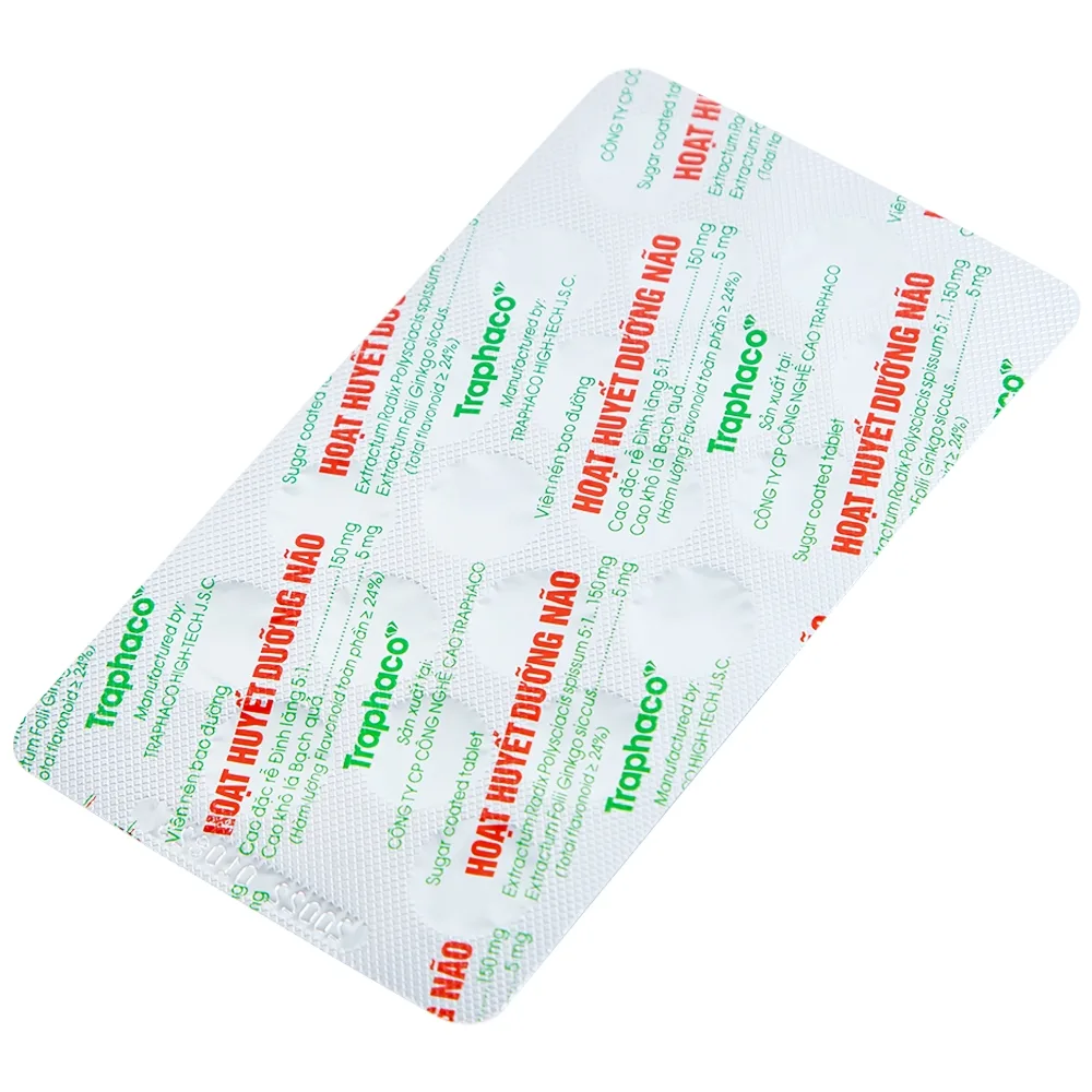 Hình ảnh Thuốc Hoạt Huyết Dưỡng Não bao đường Traphaco điều trị suy giảm trí nhớ, căng thẳng thần kinh (5 vỉ x 20 viên)