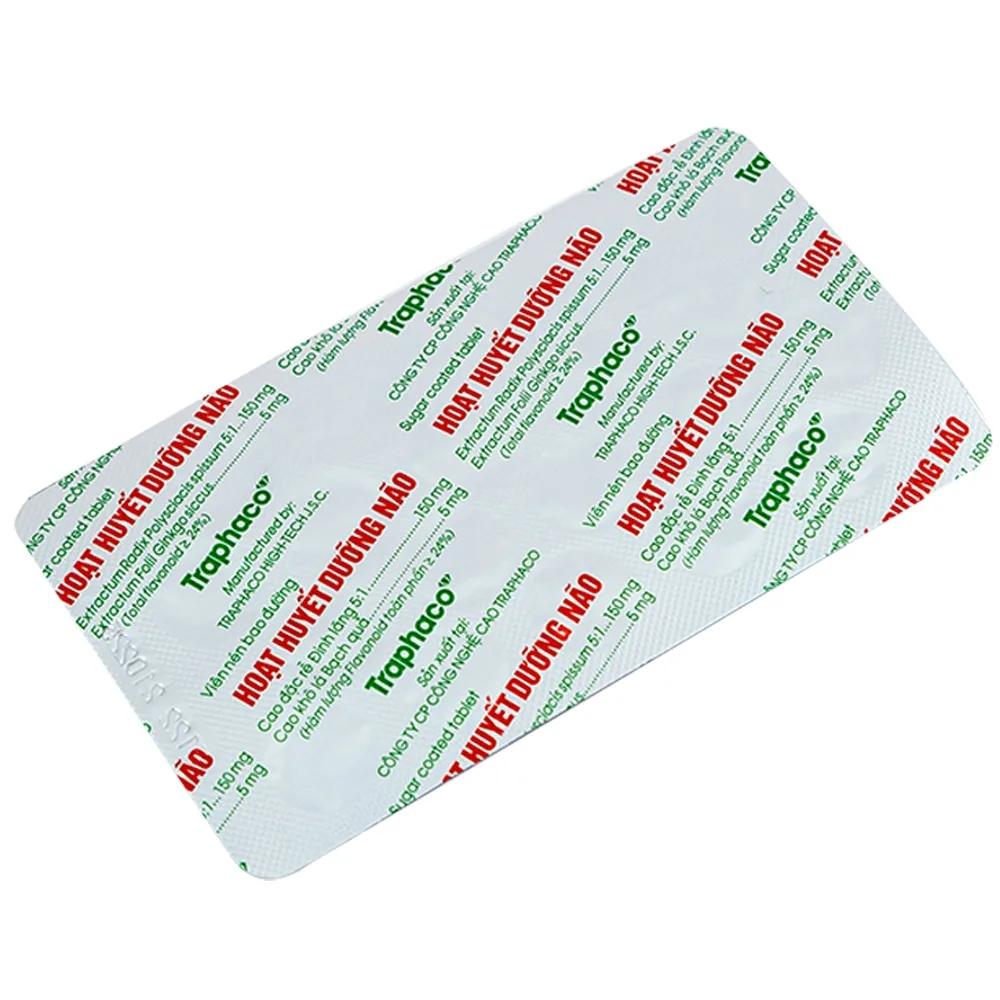 Hình ảnh Thuốc Hoạt Huyết Dưỡng Não bao đường Traphaco điều trị suy giảm trí nhớ, căng thẳng thần kinh (1 vỉ x 20 viên)