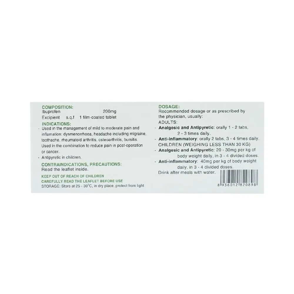 Hình ảnh Thuốc Ibuprofen 200 Nadyphar giảm đau, kháng viêm thống kinh, nhức đầu, đau răng, viêm khớp (10 vỉ x 10 viên)