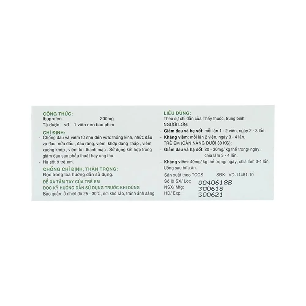 Hình ảnh Thuốc Ibuprofen 200 Nadyphar giảm đau, kháng viêm thống kinh, nhức đầu, đau răng, viêm khớp (10 vỉ x 10 viên)