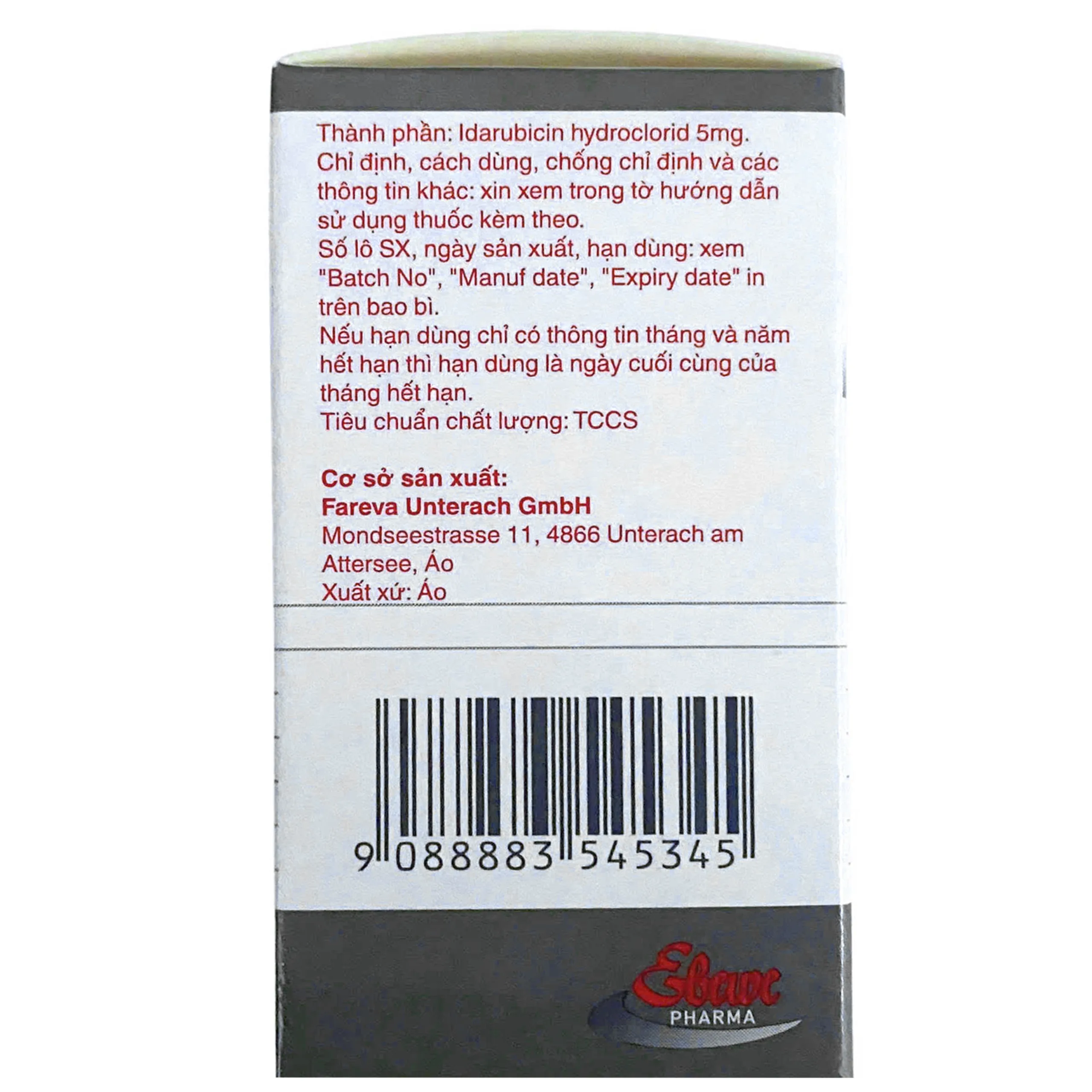 Hình ảnh Thuốc Idarubicin 5mg Ebewe Trị ung thư bạch cầu cấp dòng tủy (Hộp 5ml)