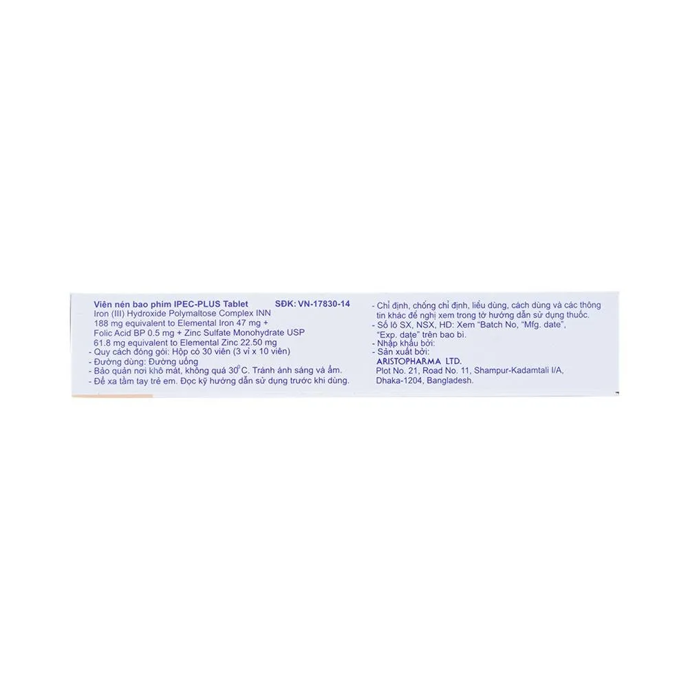 Hình ảnh Thuốc Ipec-Plus Aristopharma điều trị thiếu sắt, acid folic và kẽm (3 vỉ x 10 viên)