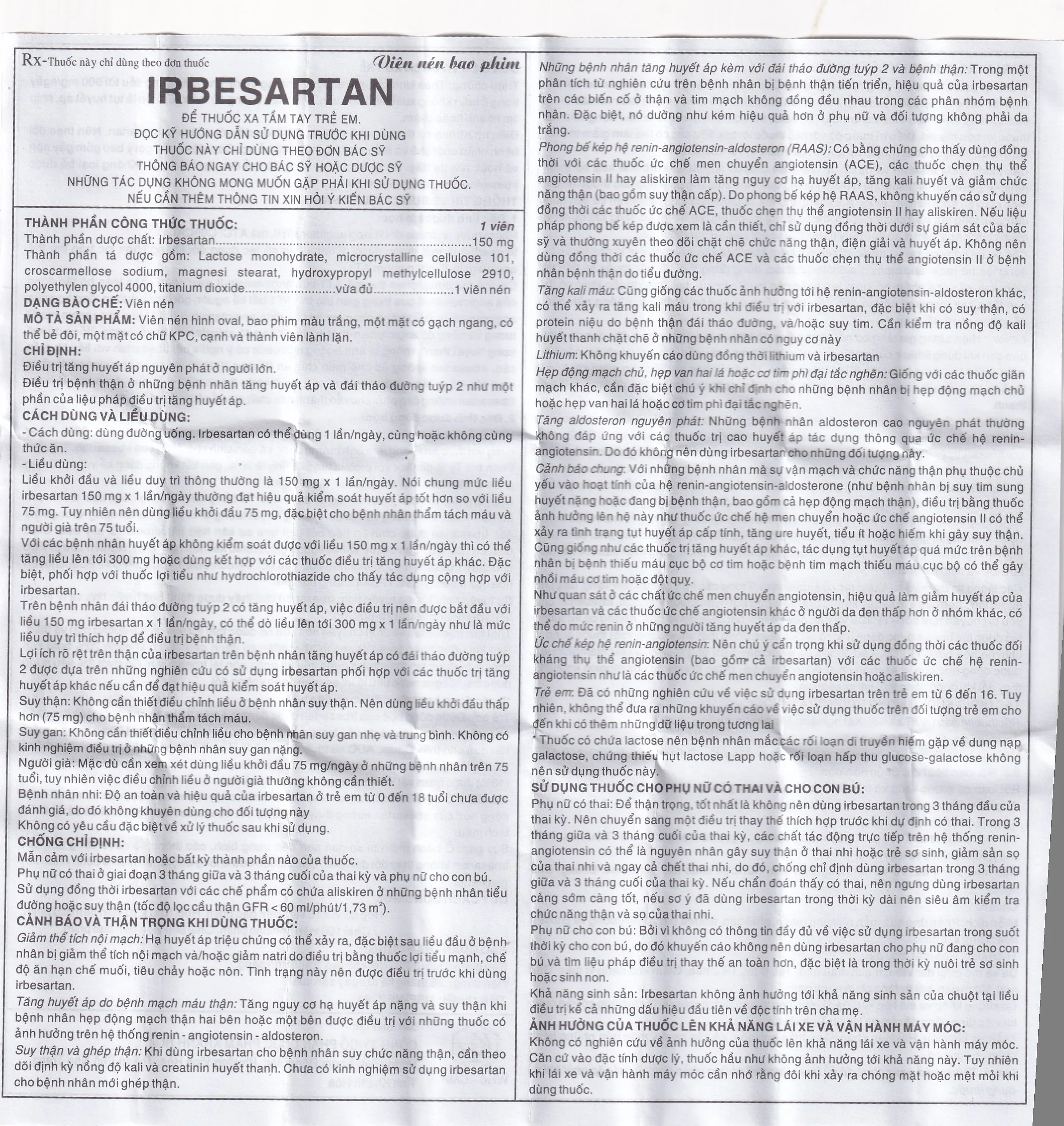 Hình ảnh Thuốc Irbesartan 150mg điều trị tăng huyết áp, bệnh thận do tiểu đường (10 vỉ 10 viên)