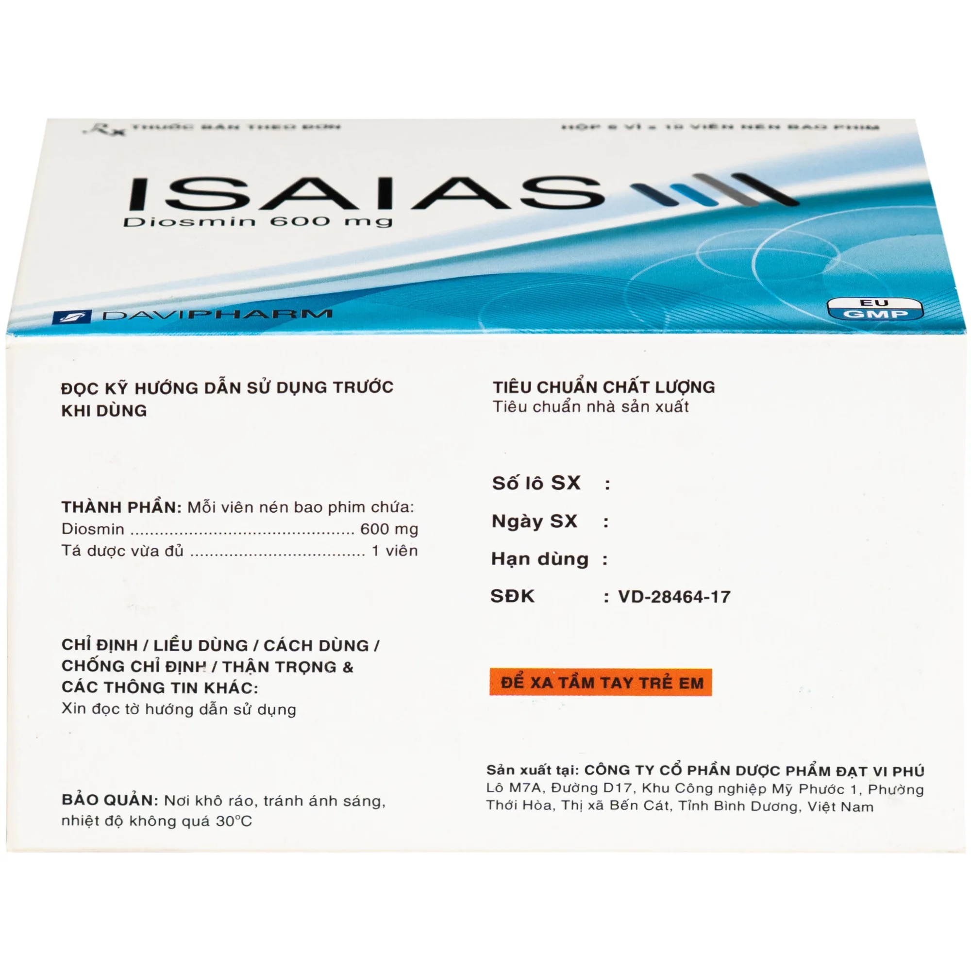 Hình ảnh Thuốc Isaias 600mg Davipharm điều trị triệu chứng suy tuần hoàn tĩnh mạch mạn tính (6 vỉ x 10 viên)