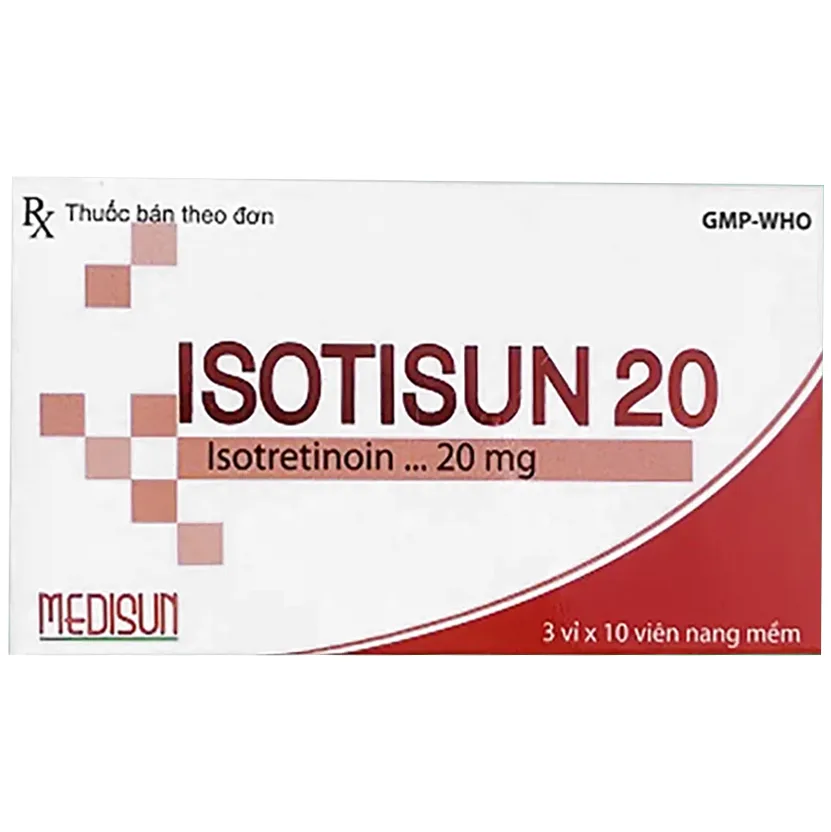 Hình ảnh Thuốc Isotisun 20 Medisun điều trị các dạng mụn trứng cá nặng, mụn trứng cá dạng nang bọc (3 vỉ x 10 viên)