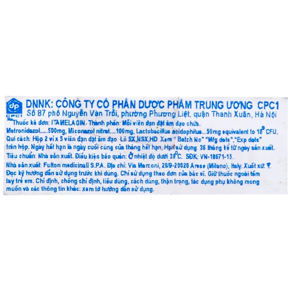 Hình ảnh Thuốc Itamelagin 500mg điều trị nhiễm nấm candida âm đạo (10 viên)