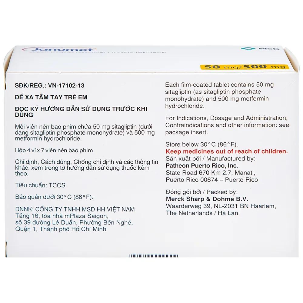 Hình ảnh Viên nén Janumet 50mg/500mg MSD điều trị đái tháo đường típ 2 (4 vỉ x 7 viên)